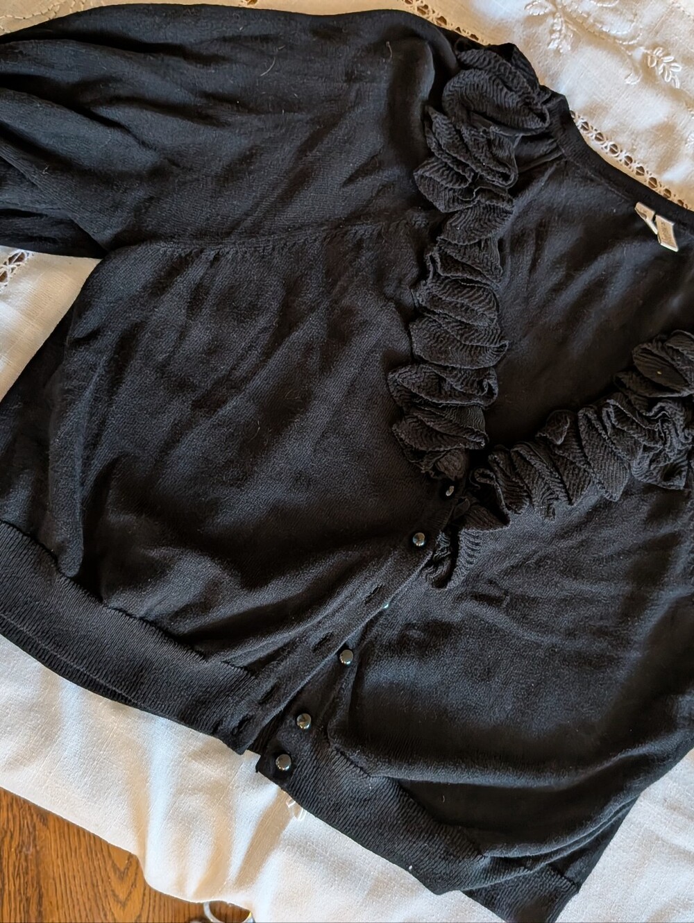 XL Cropped Ruffled Black Button Up Sweater